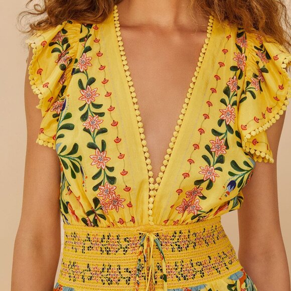 Yellow Delicate Flowers Stripes Blouse (M) - Picture 2 of 6